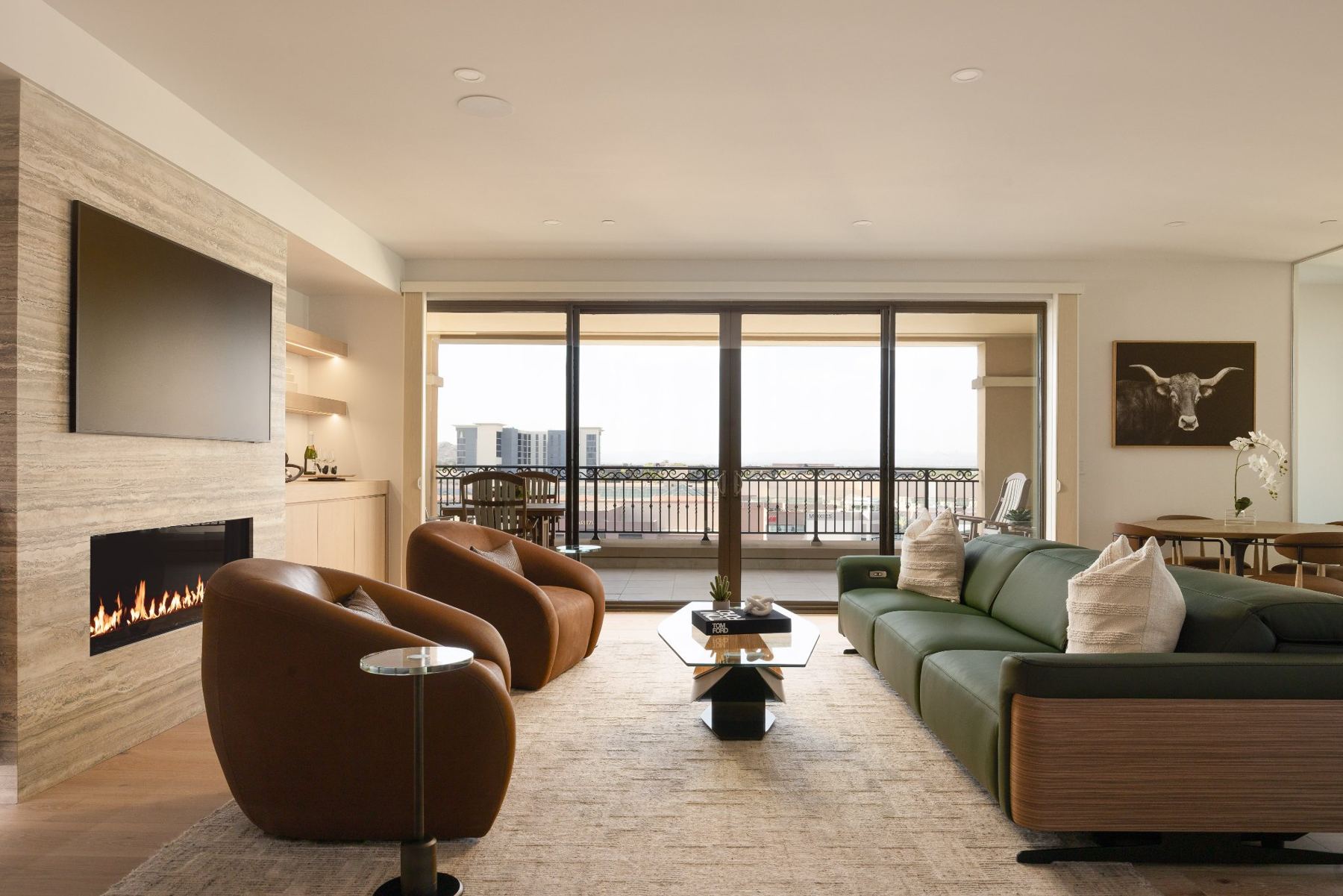 Great room with fireplace & walls of glass