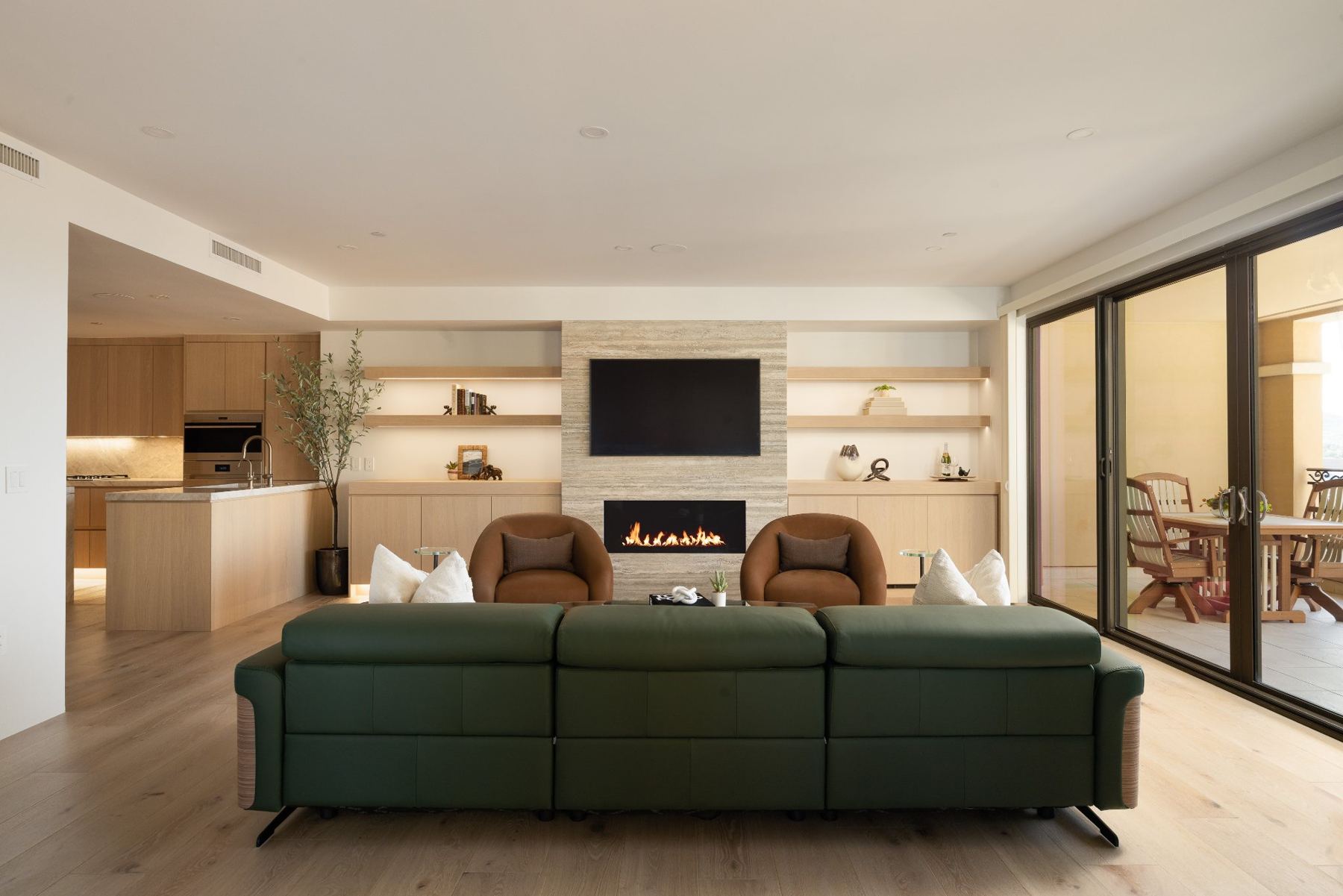 Great room with custom lit built-ins