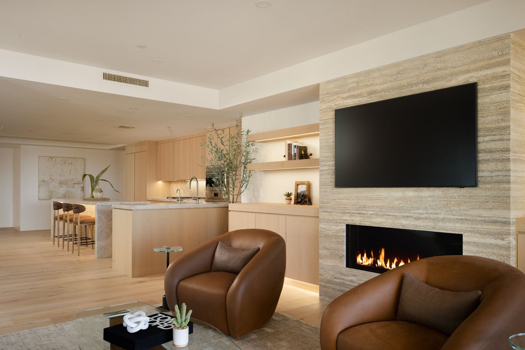 Linear fireplace & open kitchen