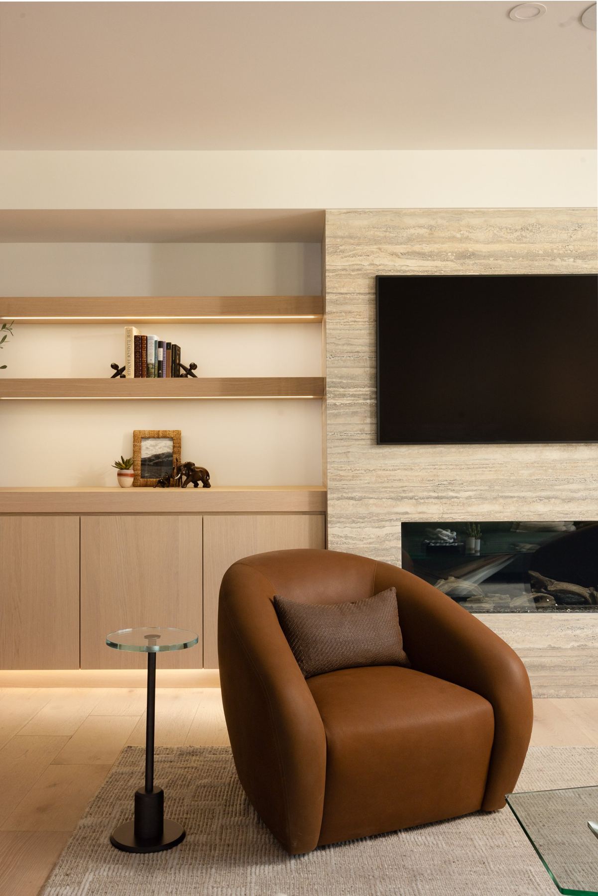 Fireplace wall with stone surround
