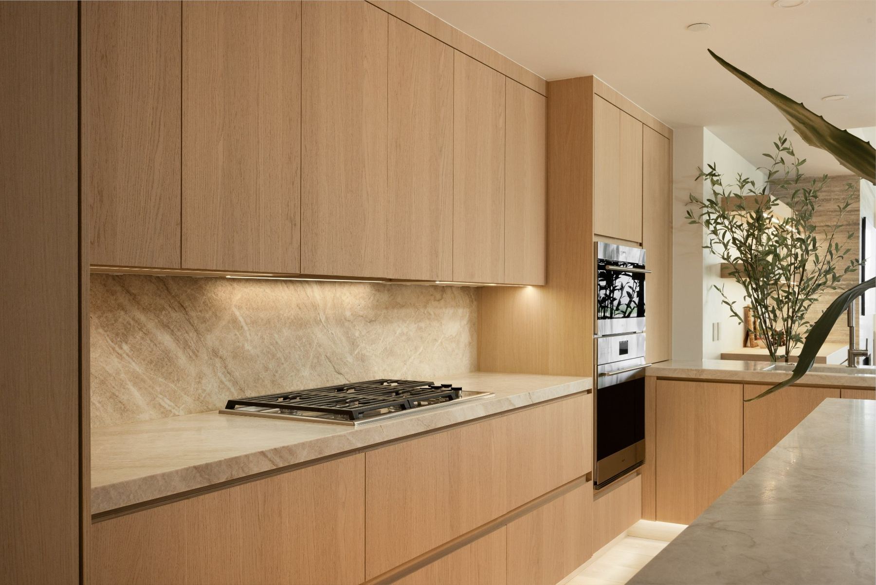 Gas cooktop with stone backsplash